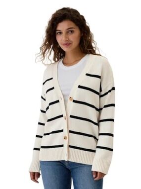 GAP White and Black Striped Button-Front Boyfriend Cardigan